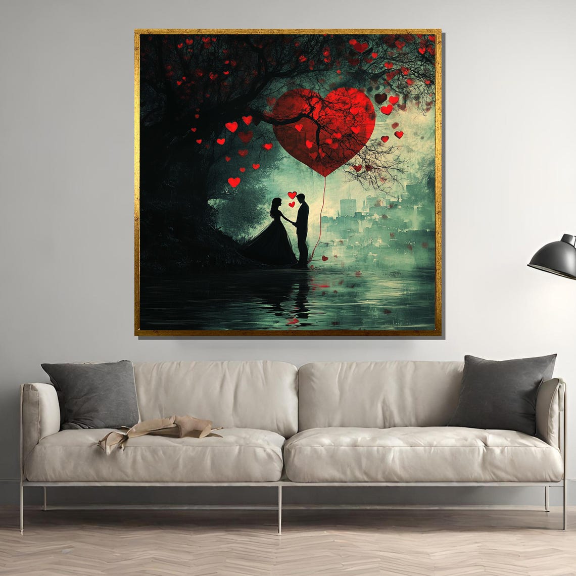 Lovers Silhouette Under Red Heart Tree by Teal Moonlit Lake Poster
