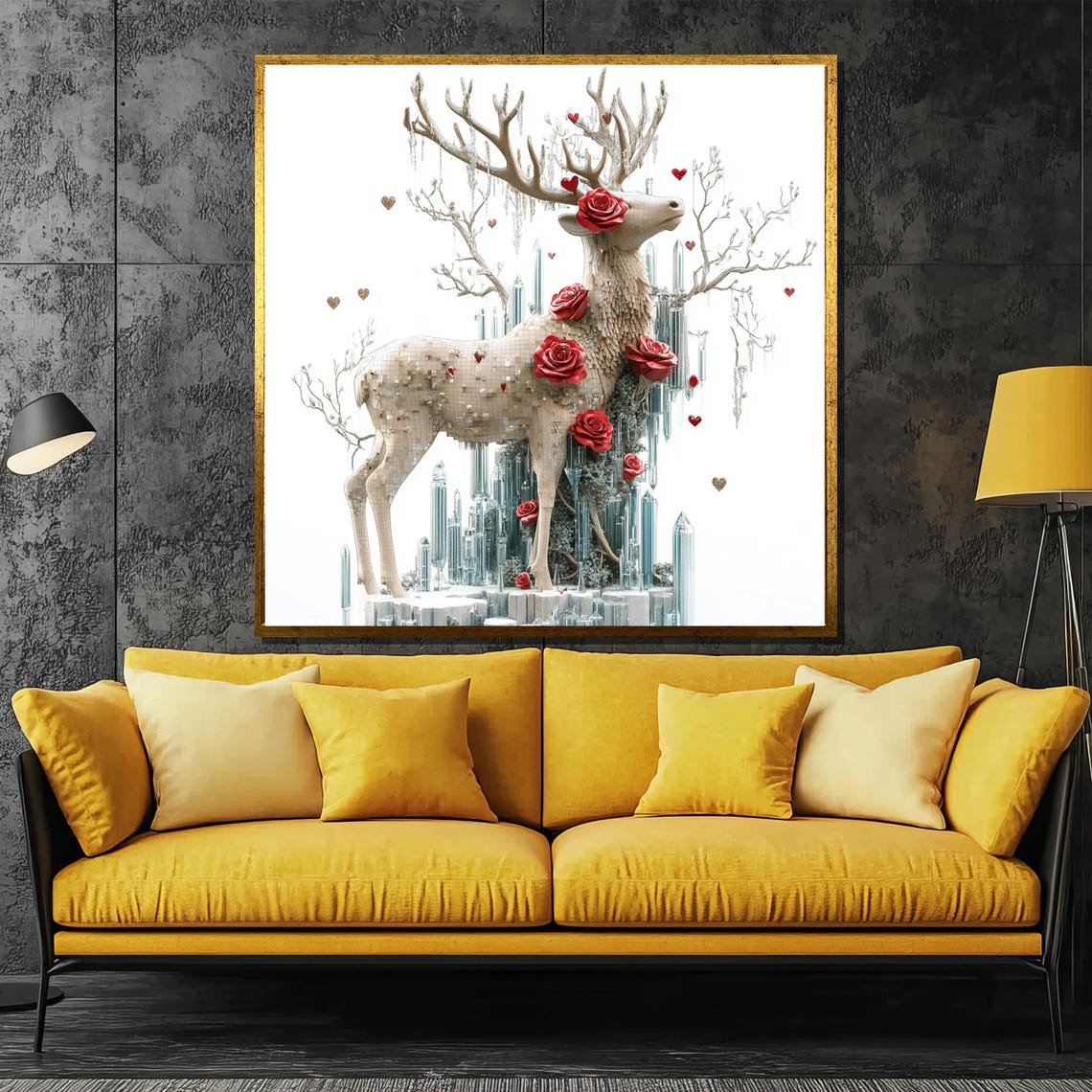 White Crystal Deer Adorned with Red Roses Ice Sculpture Art Poster