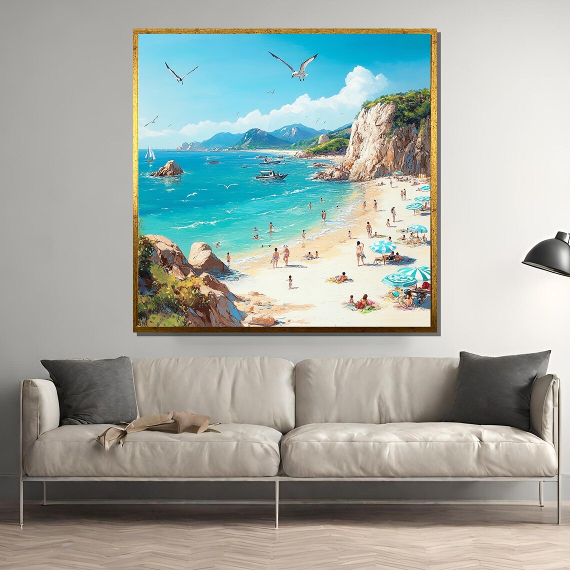 Sunny Coastal Beach Cove Families Umbrellas Sailboats Poster