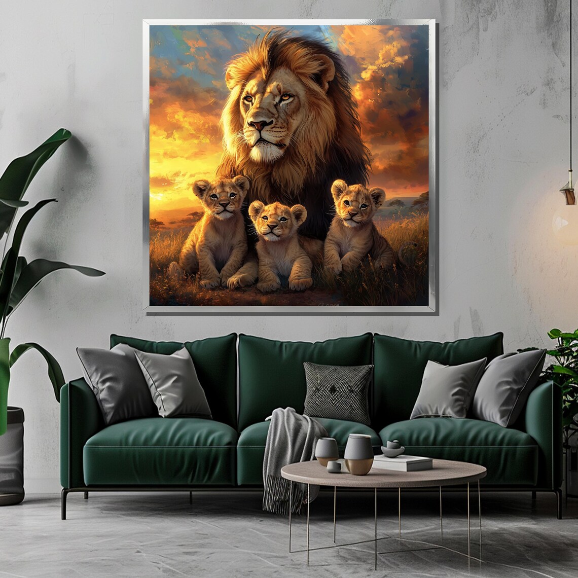 Majestic Lion with Three Cubs in Golden Sunset Savanna Poster - Image 3