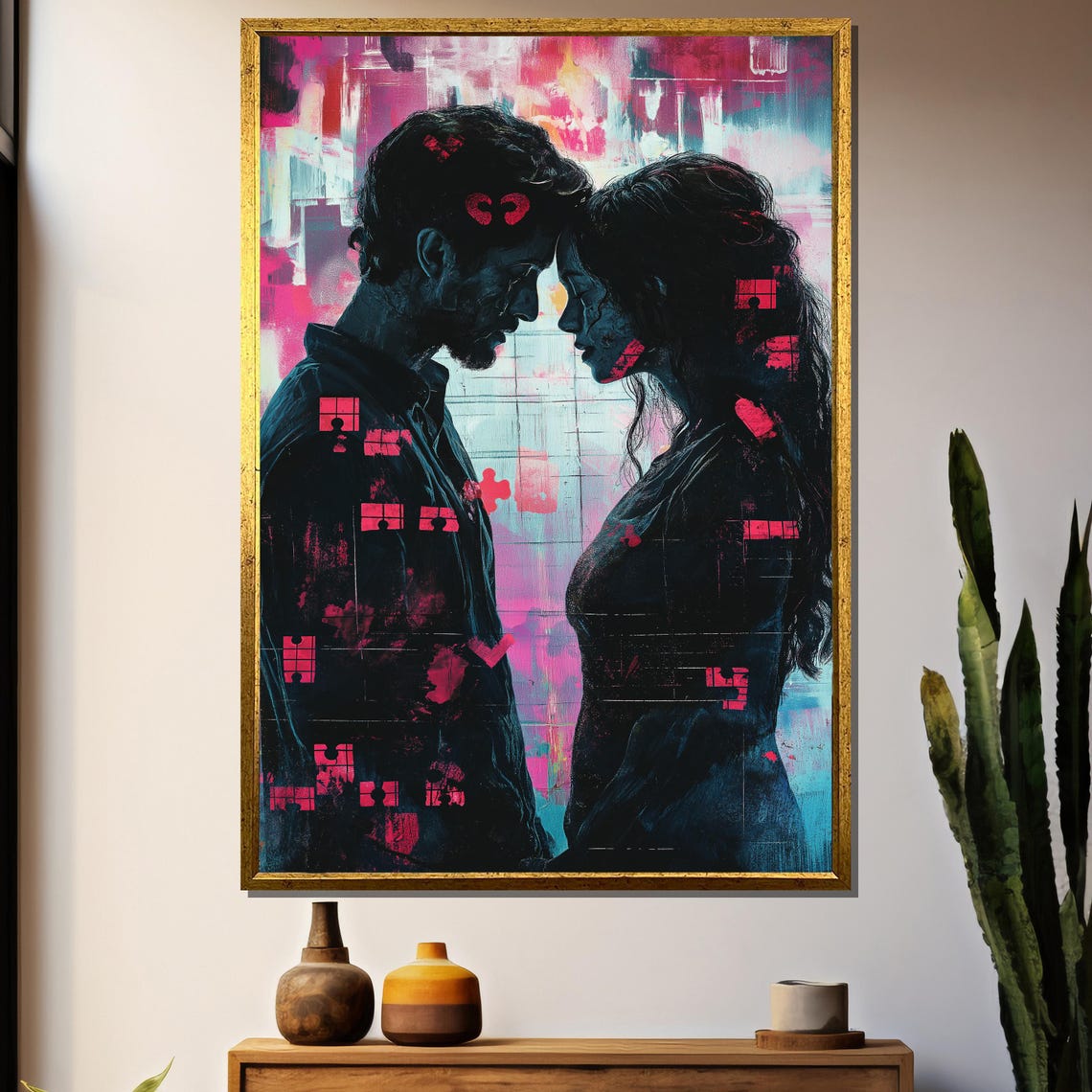 Abstract Lovers Face to Face with Pink Neon Grid Lines Poster