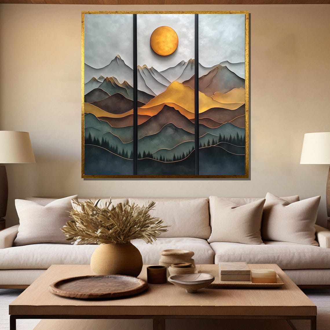Golden Sunset Triptych Painting Modern Layered Mountain Art Gift For Sophisticated Home Decor - Image 5