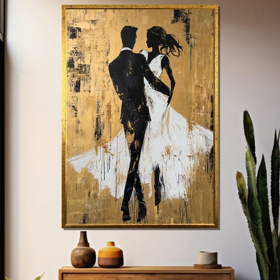 Abstract Elegance In Gold Painting Graceful Couple Dancing In White Dress Modern Art Gift For Lovers Sophisticated Wall Decor