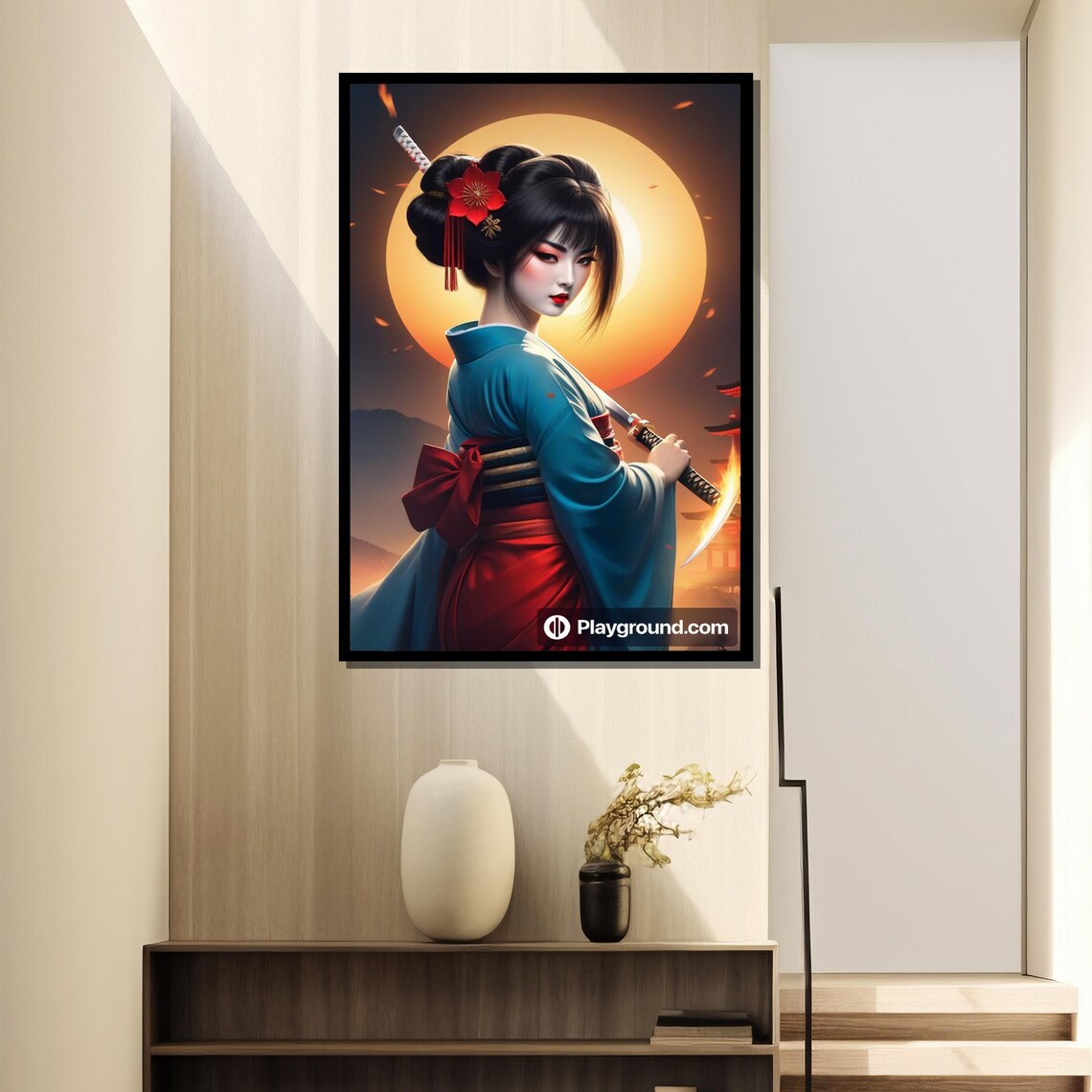 Japanese Samurai Geisha Holding Katana Before Fiery Sun Poster - Image 4