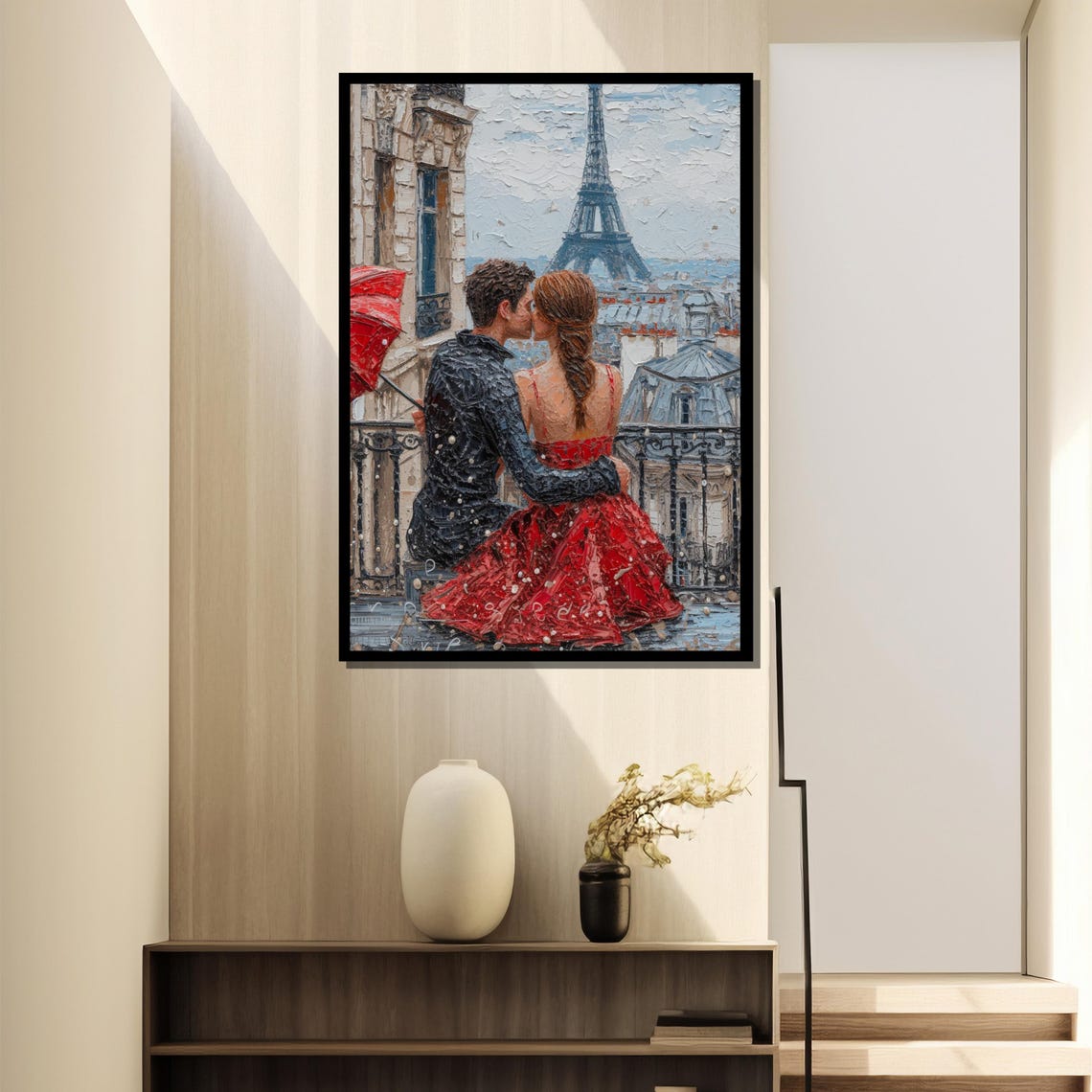 Romantic Paris Kiss Eiffel Tower Balcony Impasto Love Wall Art - Image 4