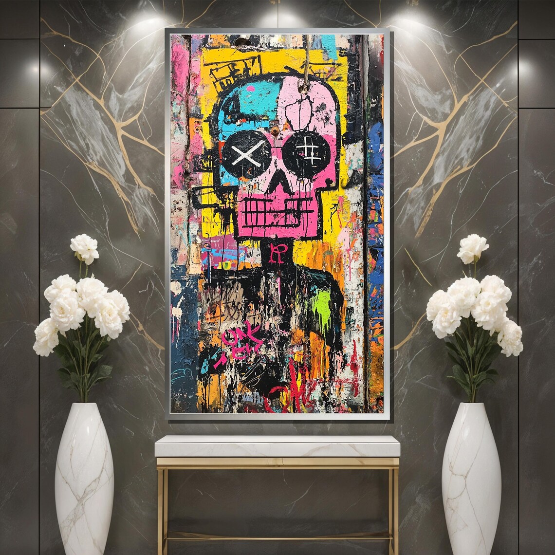 Basquiat-Inspired Neon Skull with X Eyes on Dripping Paint Canvas Poster - Image 3