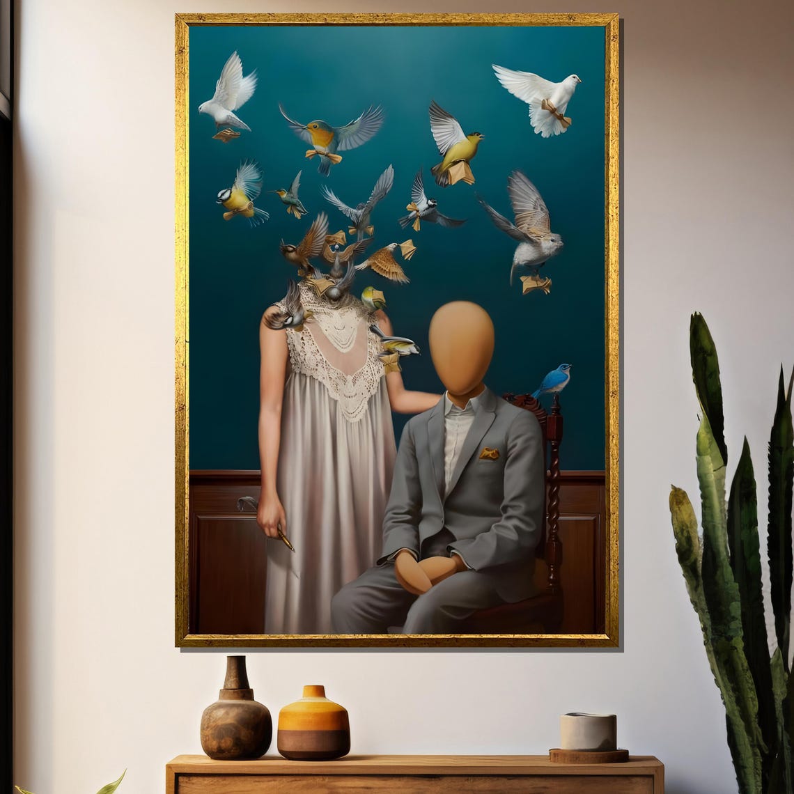 Surreal Faceless Couple with Birds Flying from Her Mind Poster
