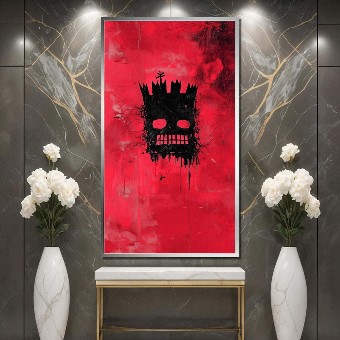 Minimalist Crowned Skull Black Ink On Vivid Red Background Poster - Image 3