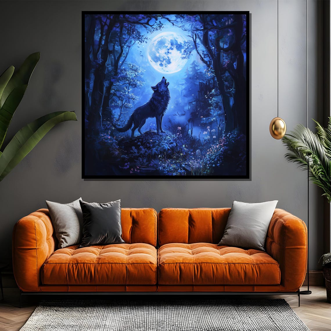 Howling Wolf Full Moon Over Blue Celestial Forest Night Poster - Image 4