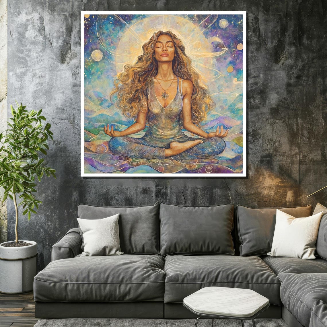 Serene Long Haired Goddess Meditating Under Celestial Halo Poster - Image 2