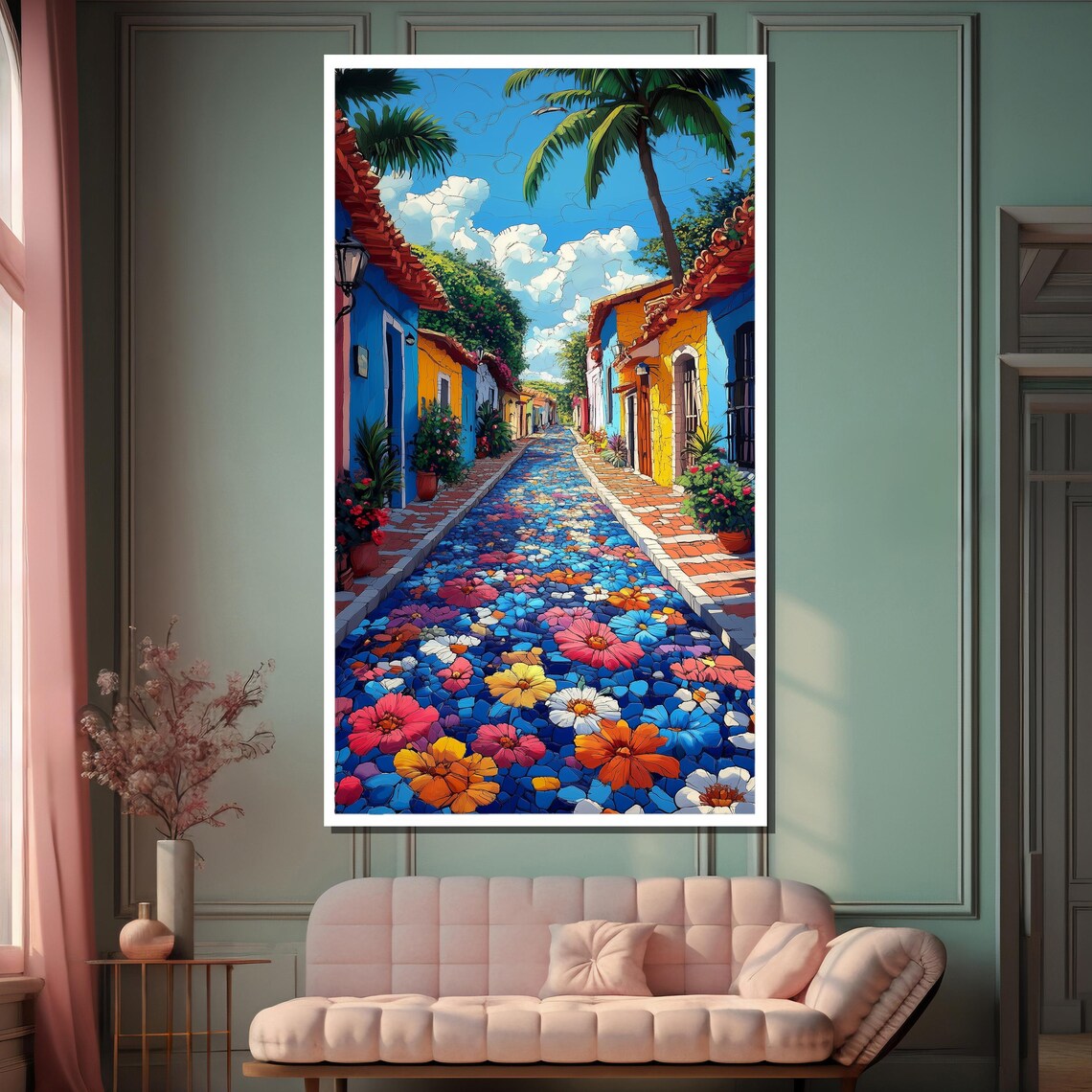 Colorful Flower Covered Street with Colonial Houses and Palms Poster - Image 2