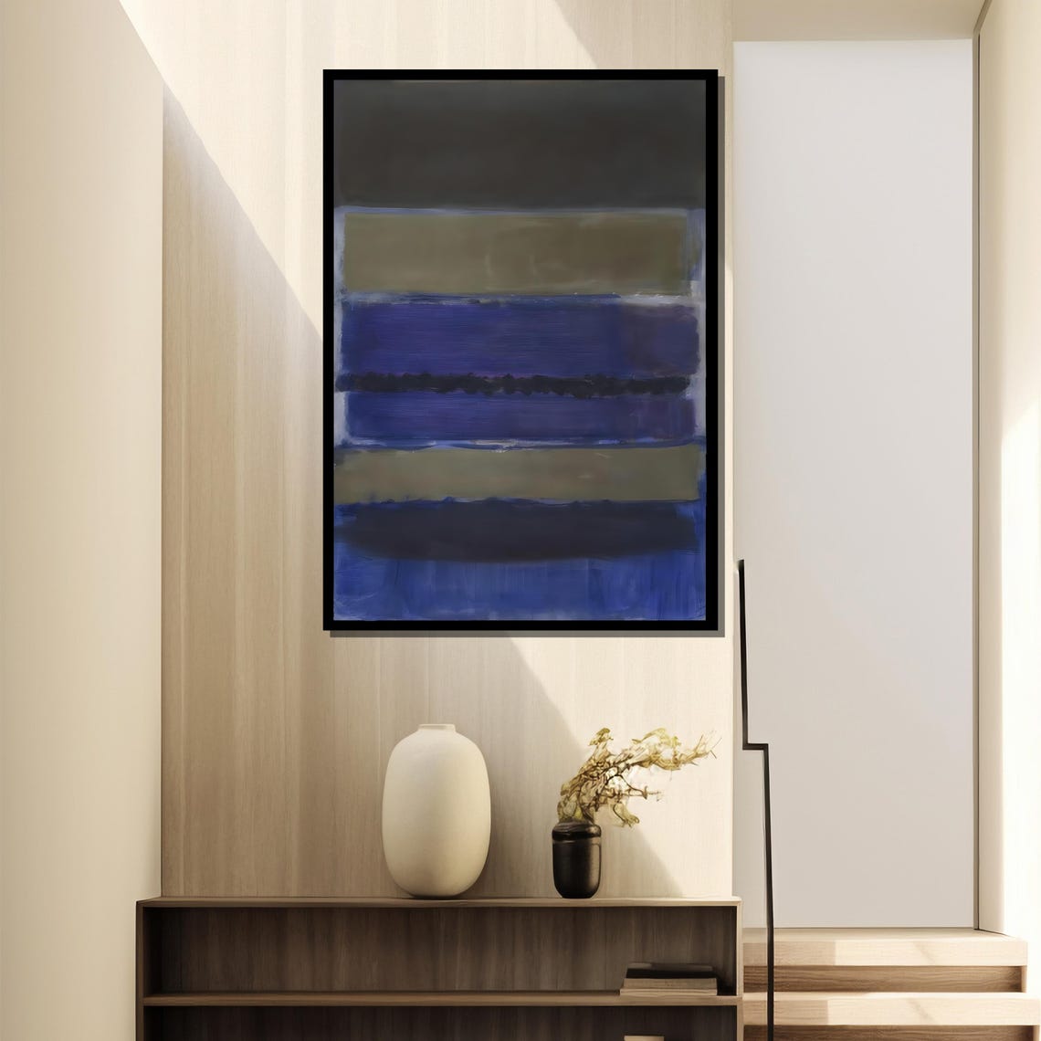 Layered Deep Blue And Olive Green Stripes Abstract Art Poster - Image 4