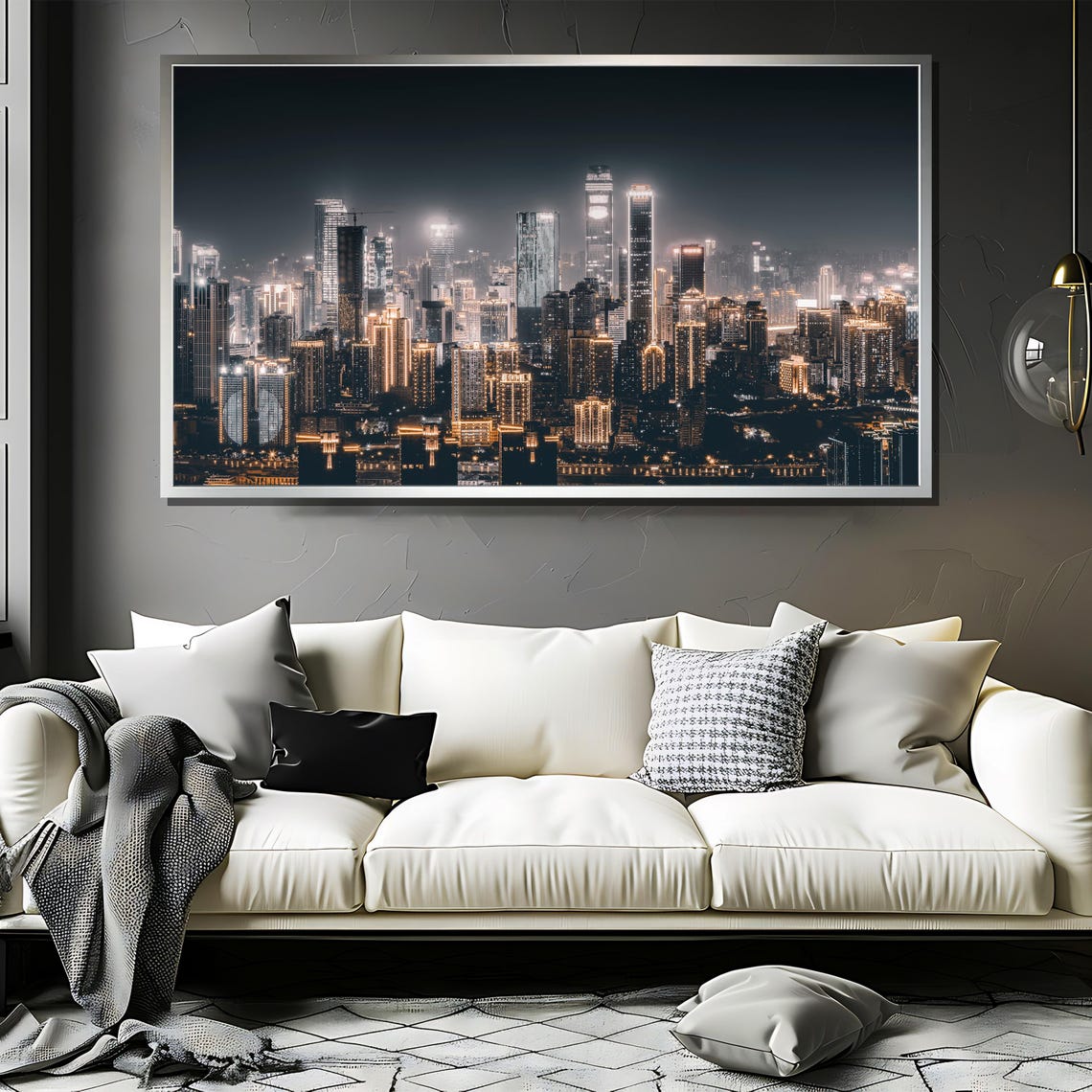 Modern City Skyline at Night with Illuminated Skyscrapers Poster - Image 3