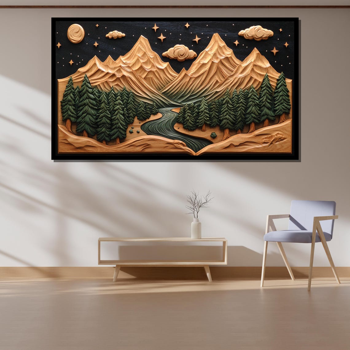 Starlit Mountain River Wood Carving Forest Landscape Gift For Rustic Home Decor - Image 4