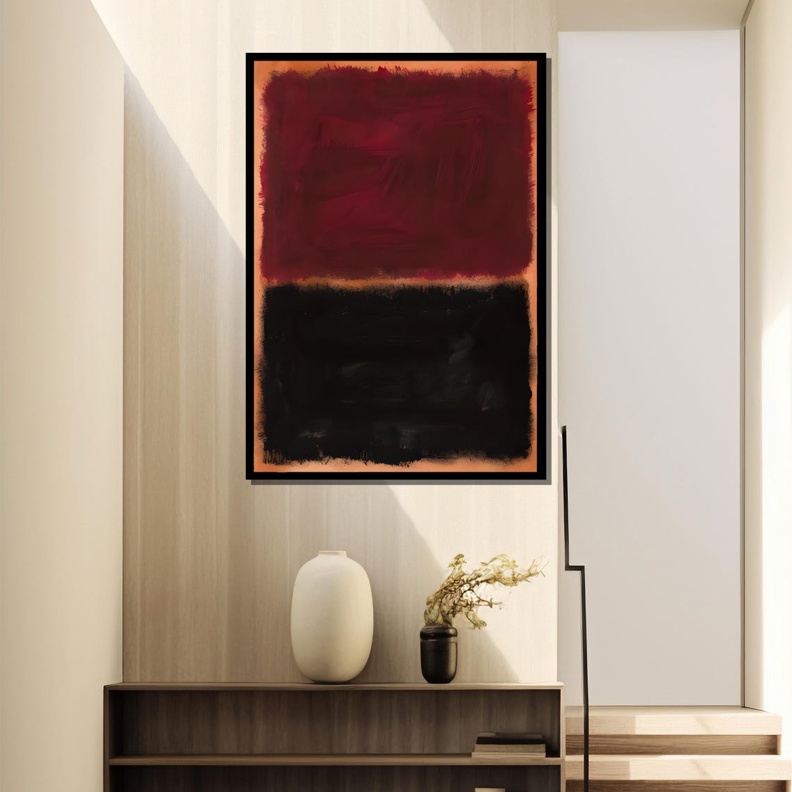 Deep Maroon Over Jet Black Blocks Modern Abstract Art Poster - Image 4