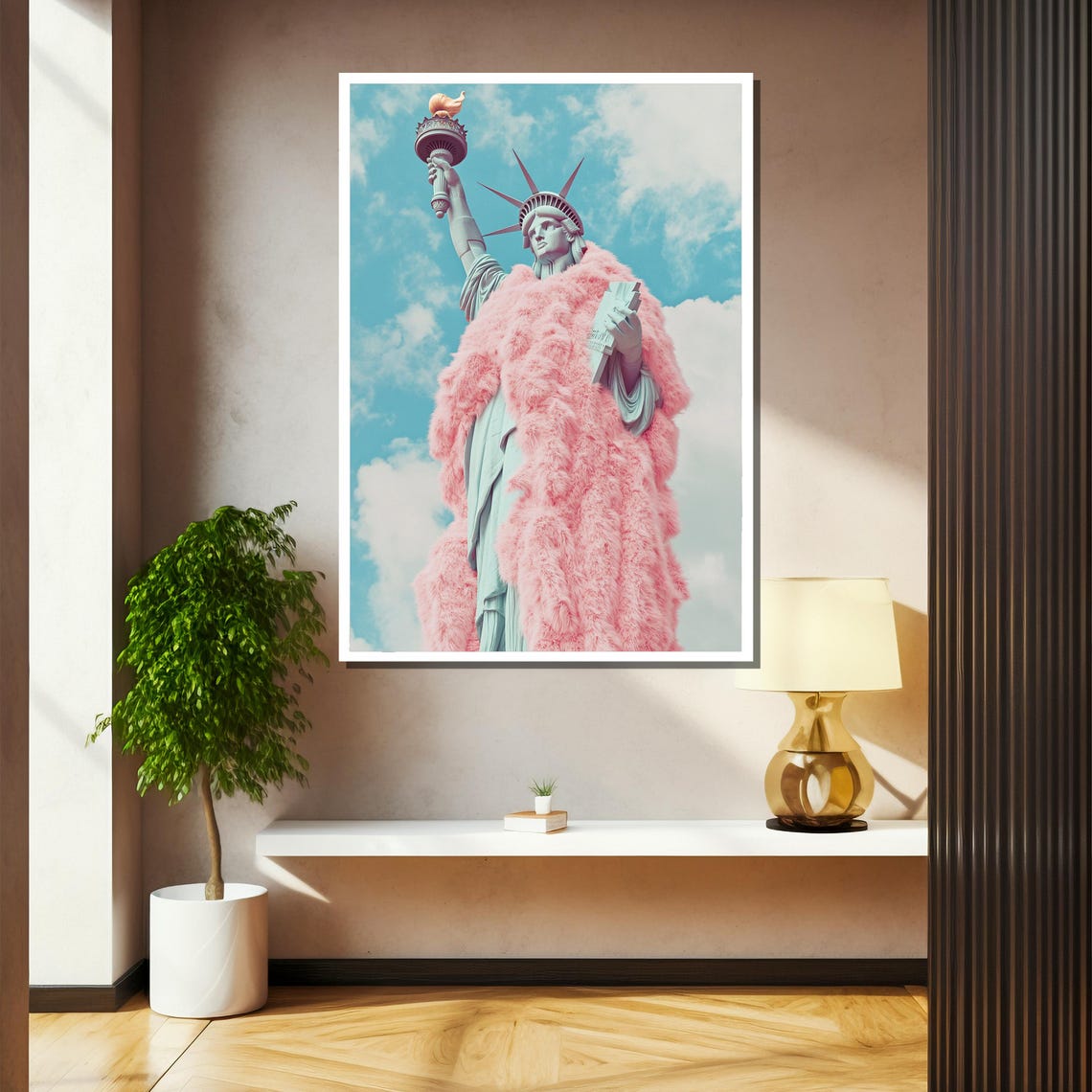 Statue Of Liberty Draped In A Fluffy Pink Fur Coat Pop Art Poster - Image 2