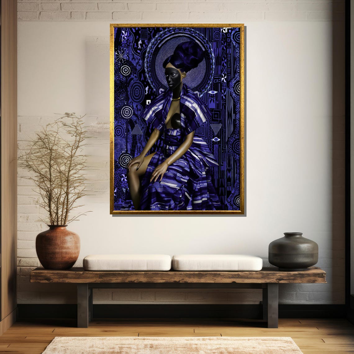 African Queen In Blue Robes With Tribal Pattern Backdrop Poster - Image 5