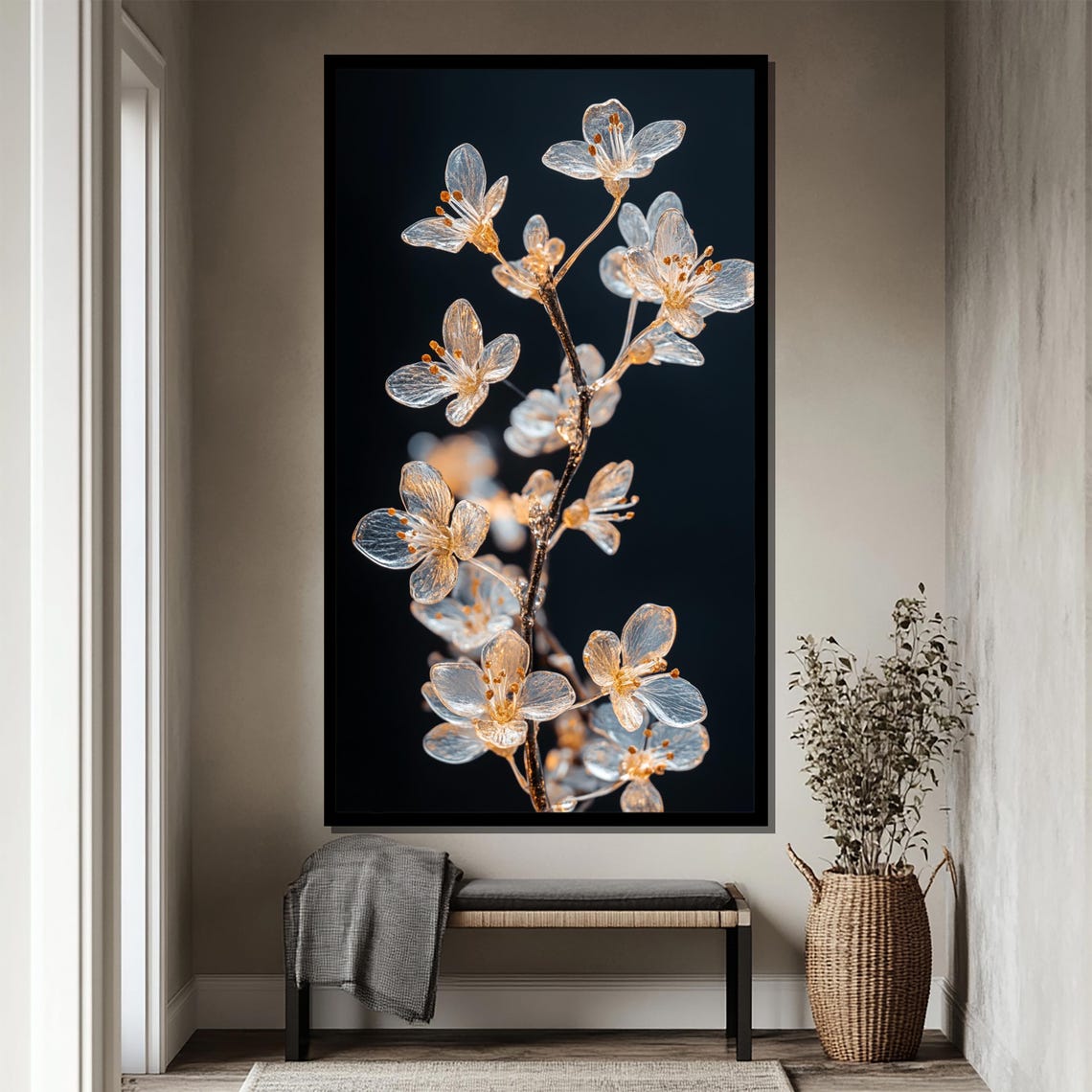 Frosted Glass Blossom Branch Glowing on Black Background Poster - Image 4