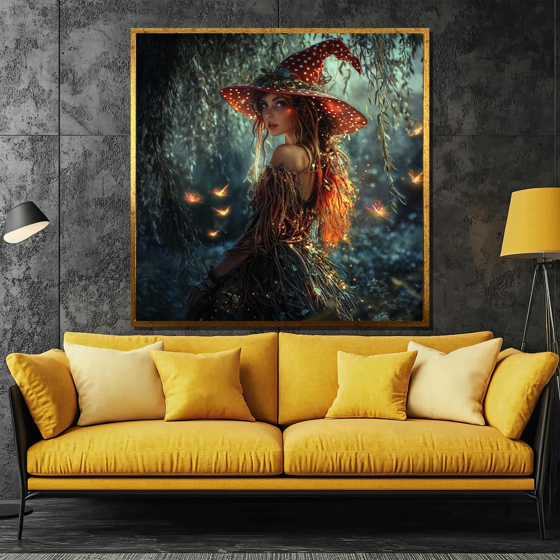 Red-Haired Witch in Spotted Mushroom Hat in Firefly Forest Poster