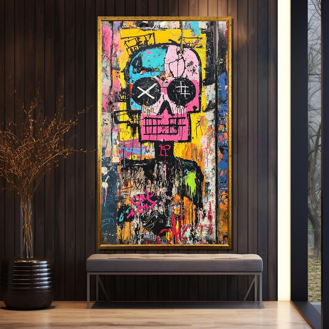 Basquiat-Inspired Neon Skull with X Eyes on Dripping Paint Canvas Poster - Image 5