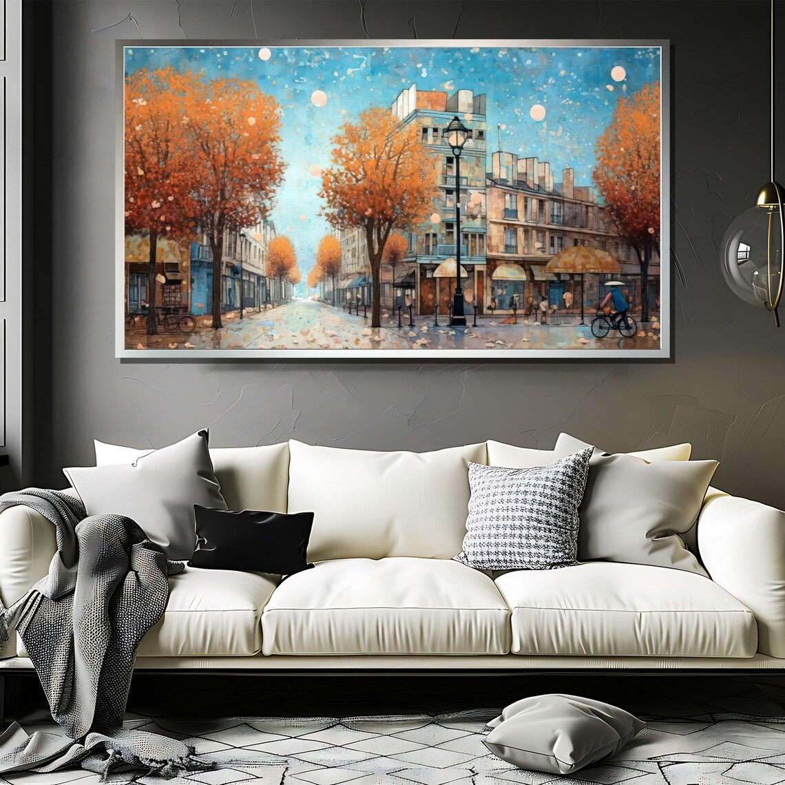 Parisian Autumn Street Orange Trees Bicycle Cityscape Poster - Image 3