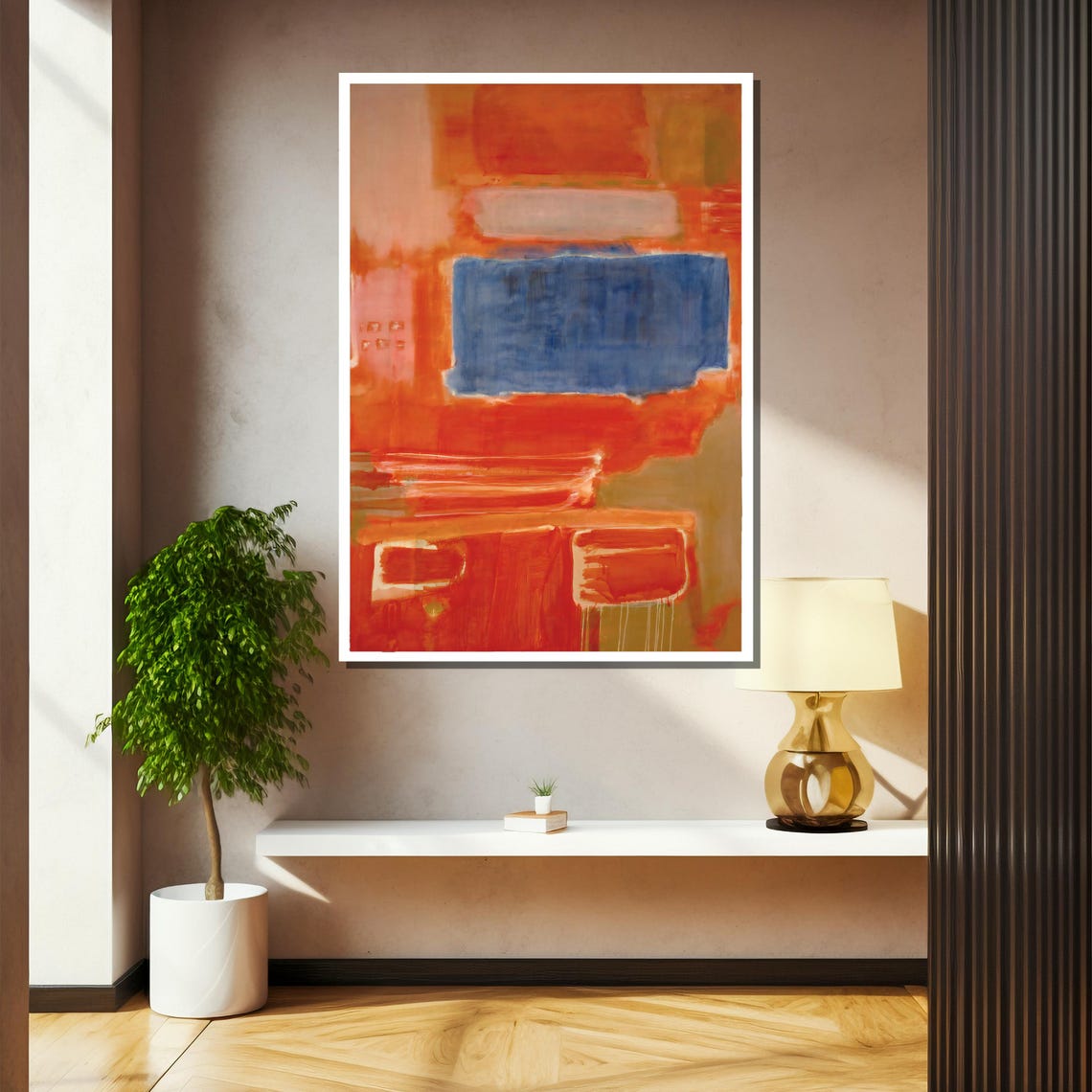 Fiery Orange With Bold Blue Block Abstract Expressionist Poster - Image 2