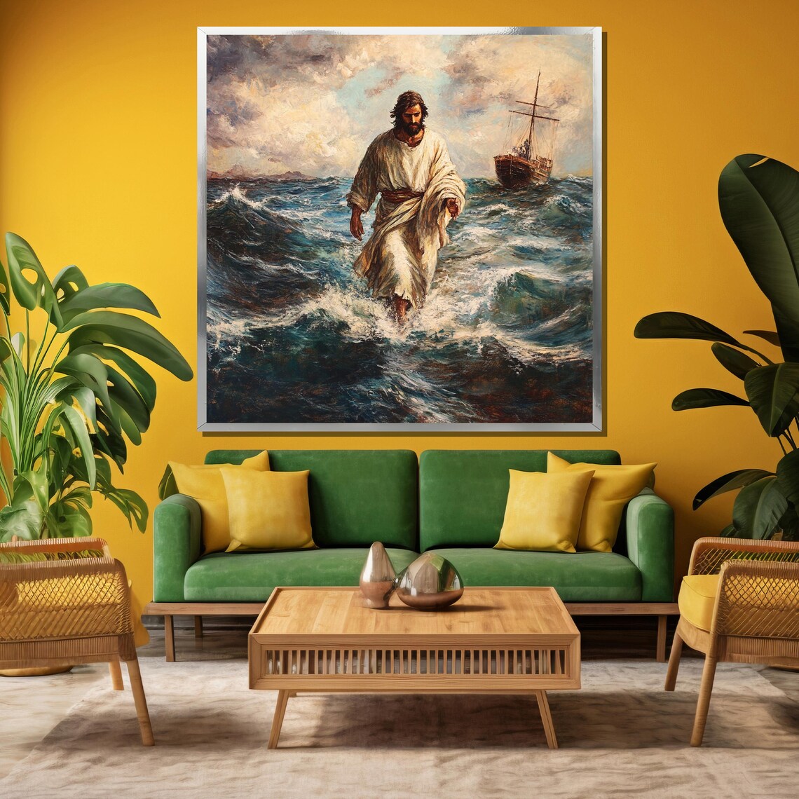 Jesus Walking on the Stormy Sea Beside a Small Wooden Boat Poster - Image 3