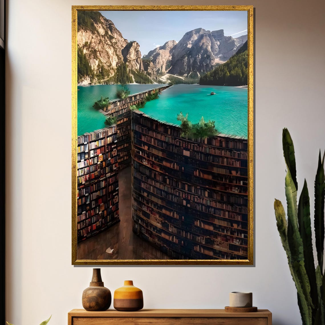 Surreal Book Lined Lake And Mountain Landscape Painting Dreamlike Nature And Knowledge Fusion Art Gift