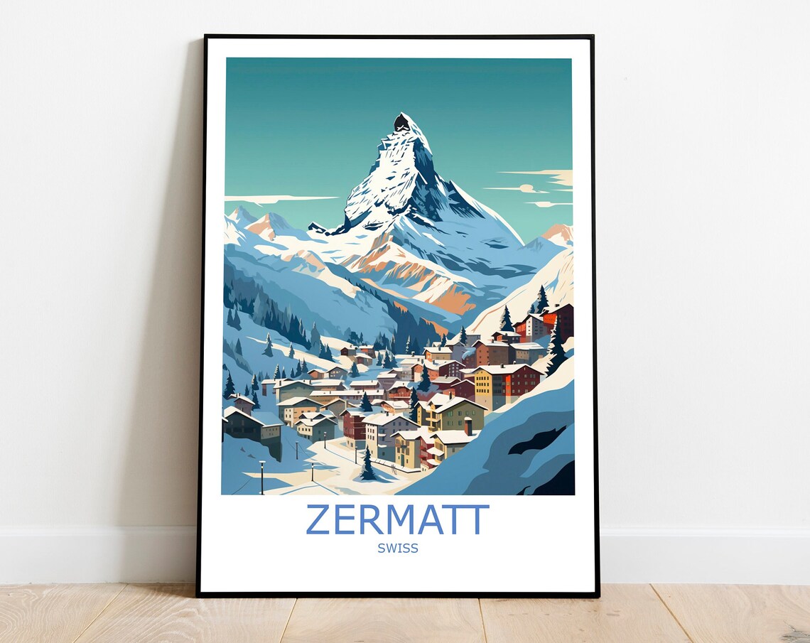 Zermatt Matterhorn Snowy Village Swiss Alpine Scene Travel Poster
