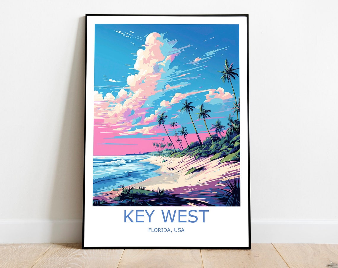 Key West Sunset Beach Palm Trees Pink Sky Florida Travel Poster