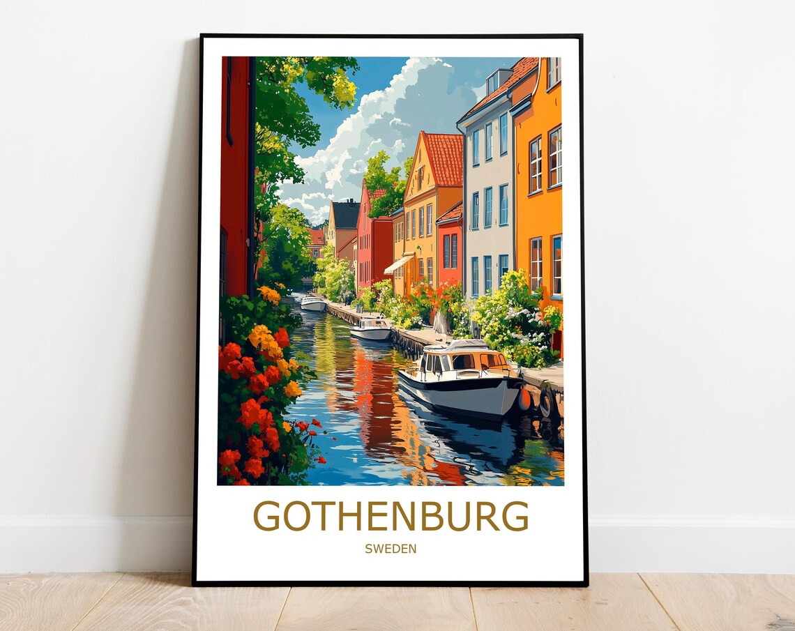 Gothenburg Sweden Canal With Boats And Flower Gardens Poster