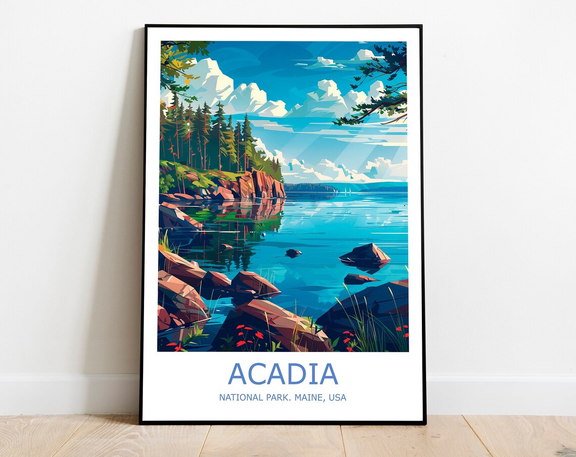 Acadia National Park Maine Rocky Shore And Pine Forest Travel Poster