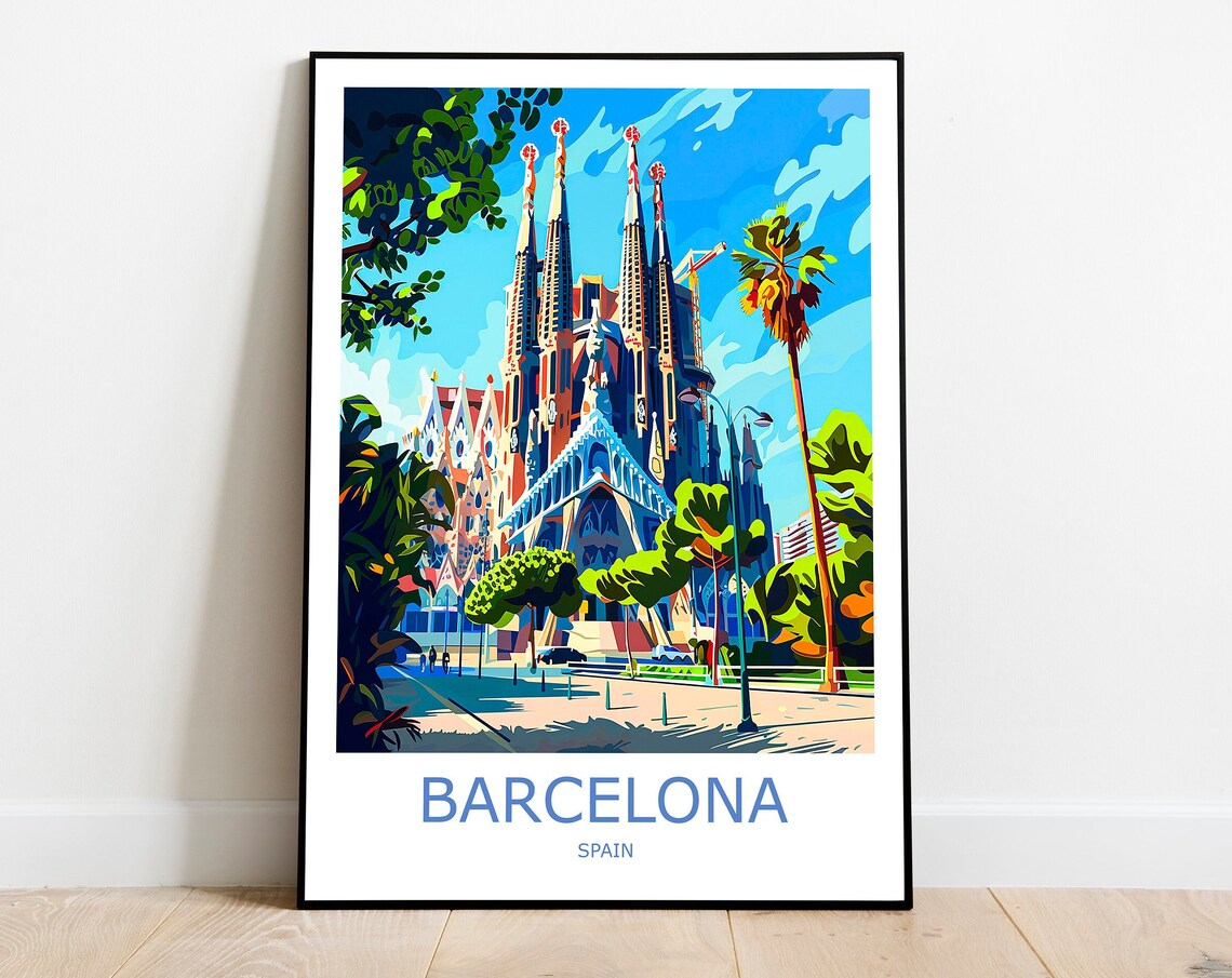 Barcelona Sagrada Familia Cathedral Sunny Blue Sky Travel Poster