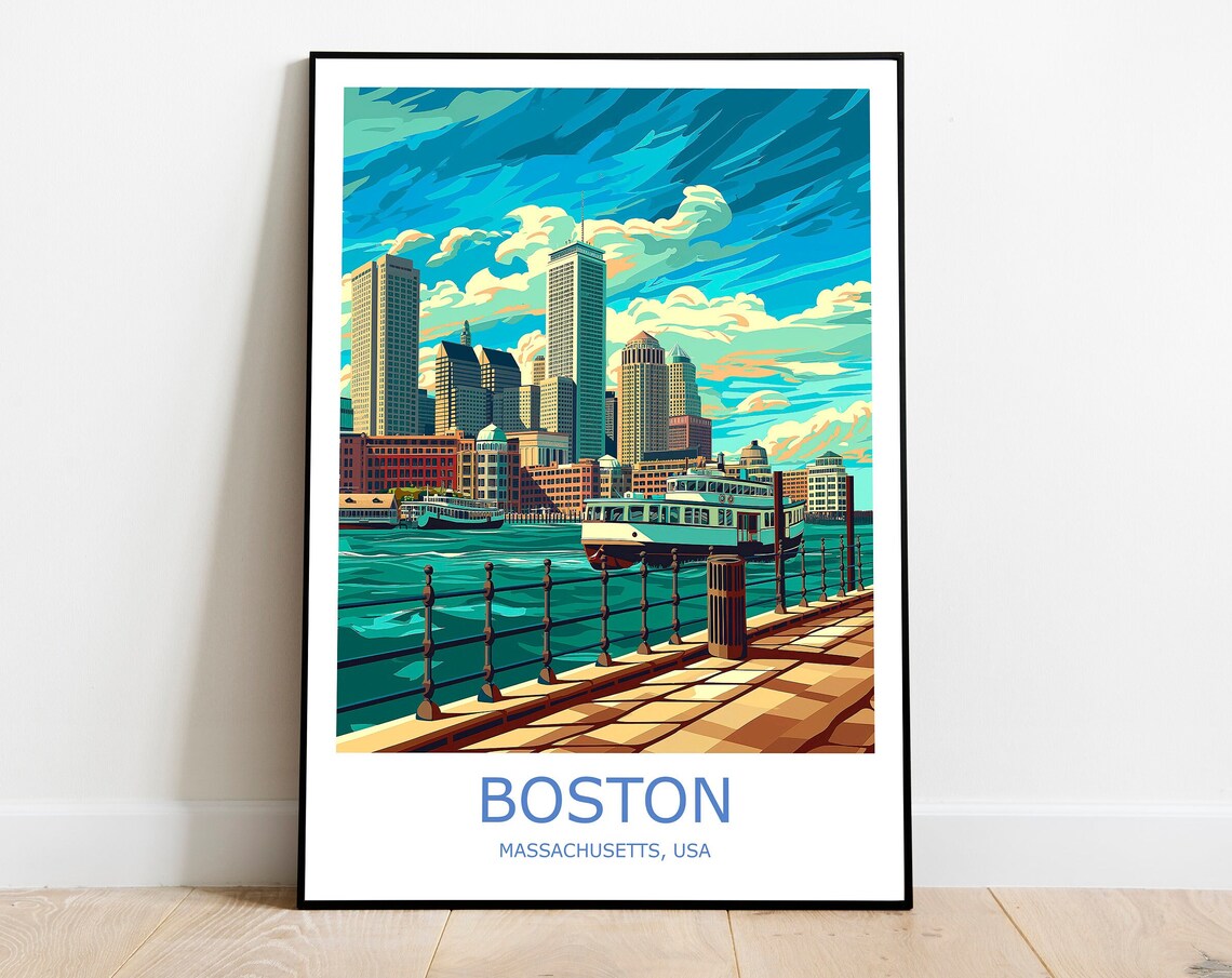 Boston Harbor Skyline Waterfront Ferry Vintage Style Travel Poster