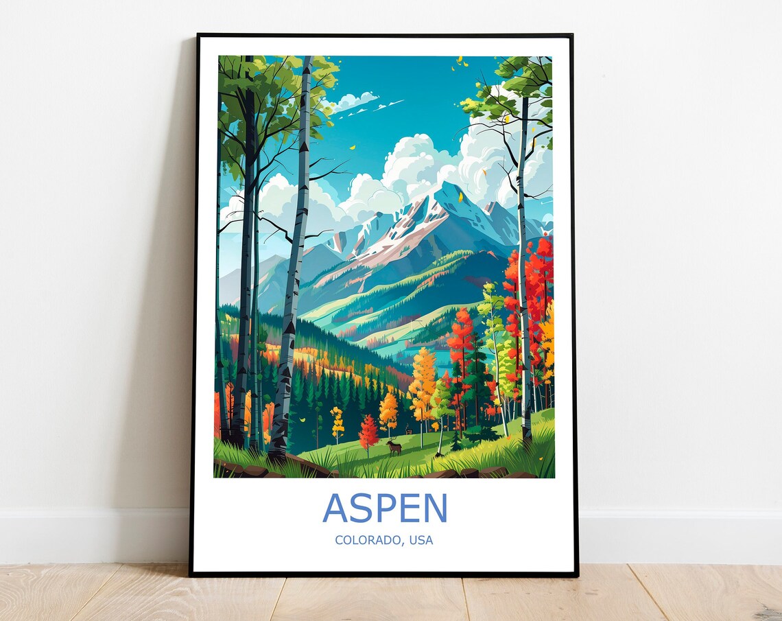 Aspen Colorado Aspen Trees Snowy Peaks Deer Scene Travel Poster