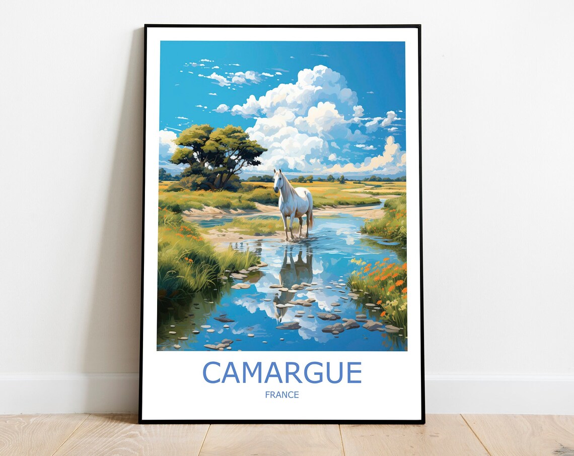 Camargue White Horse Marsh Wildflowers French Nature Travel Poster