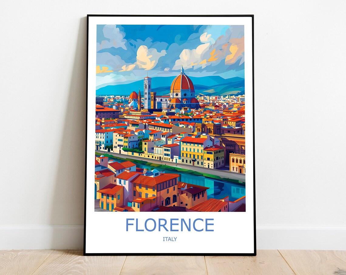 Florence Italy Travel Poster With The Duomo And Arno River Skyline