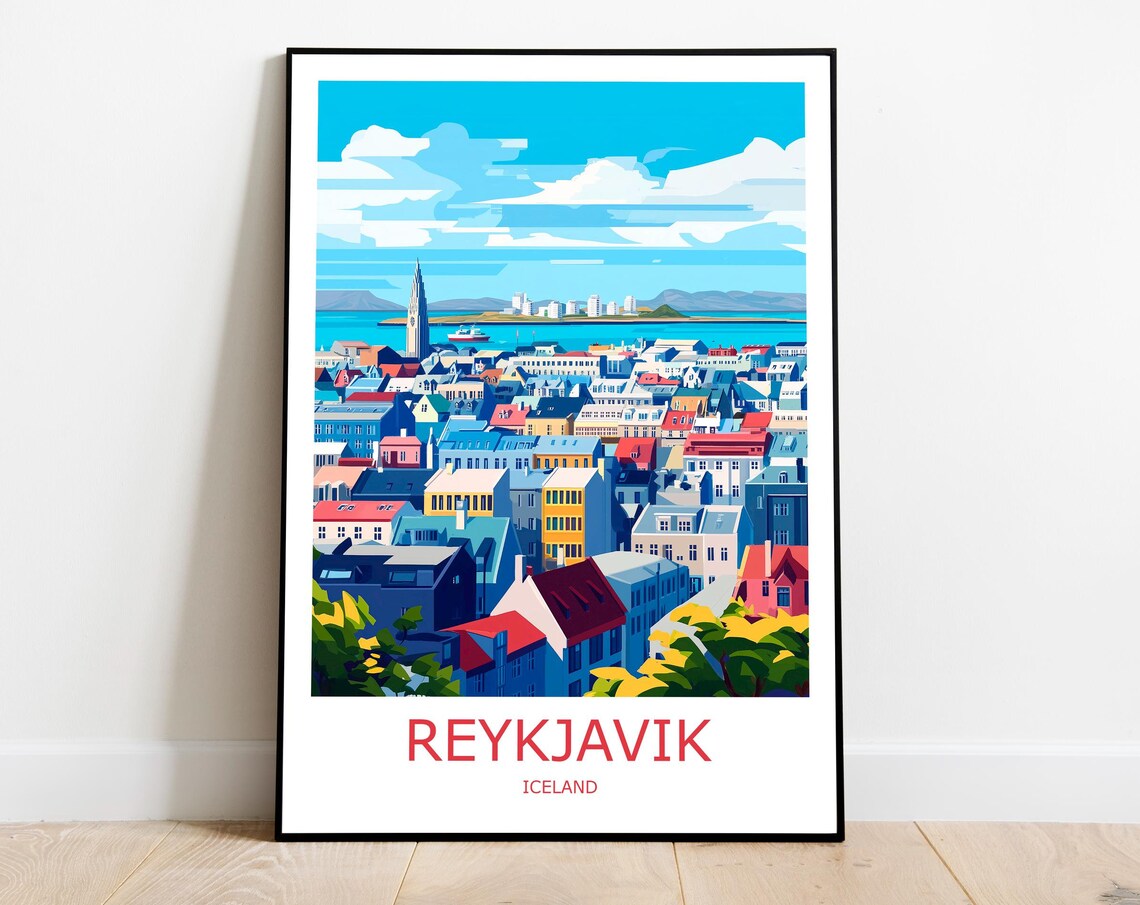 Reykjavik Iceland Colorful Harbor City Skyline Travel Poster