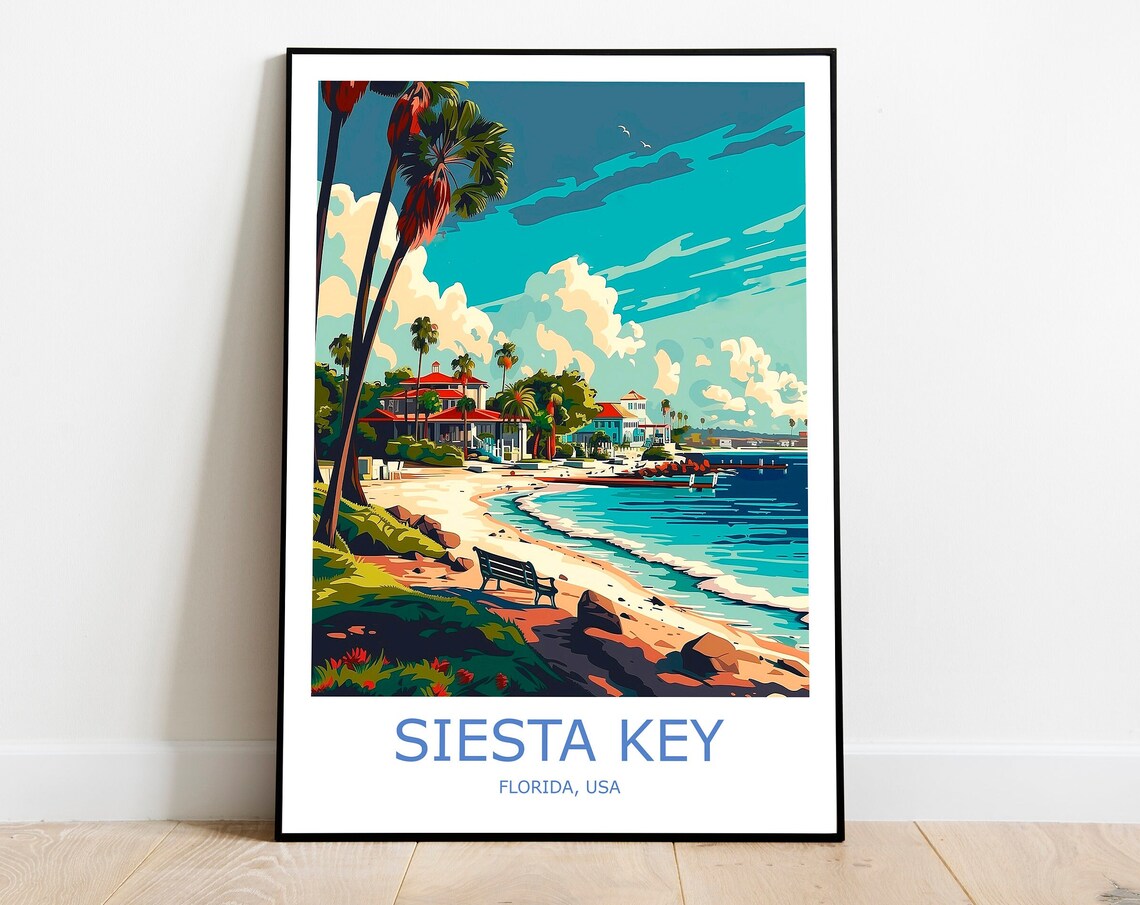 Siesta Key Florida Beach With Palms And Rocky Shoreline Travel Poster
