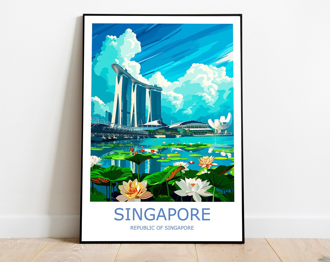Singapore Marina Bay Sands Water Lilies Modern Travel Poster