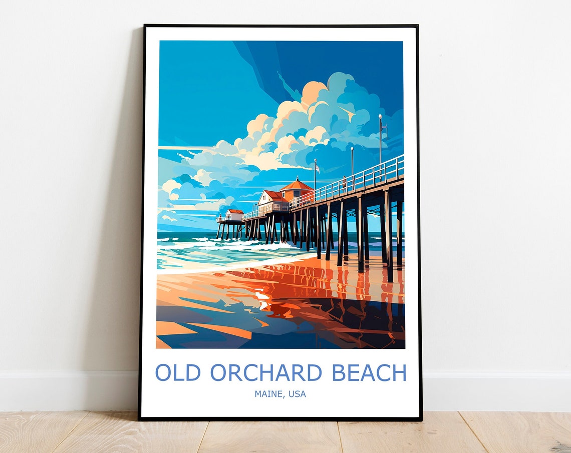 Old Orchard Beach Pier Sunset Ocean Waves Maine Coast Travel Poster