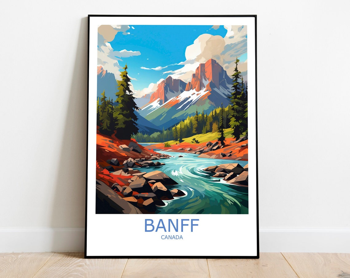 Banff National Park Rocky Mountains River Pines Travel Poster