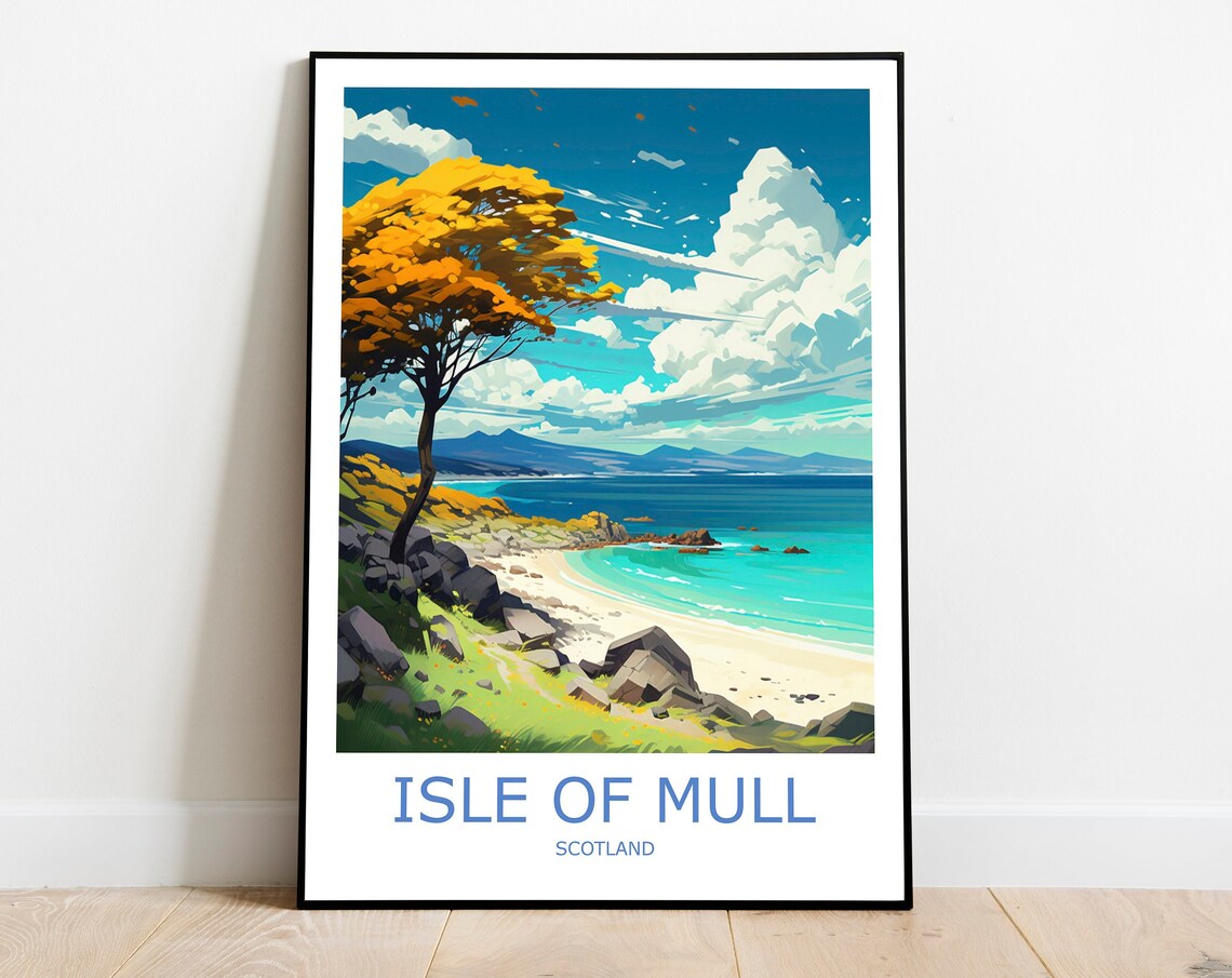 Isle of Mull Rocky Cove Golden Tree Scotland Coast Travel Poster