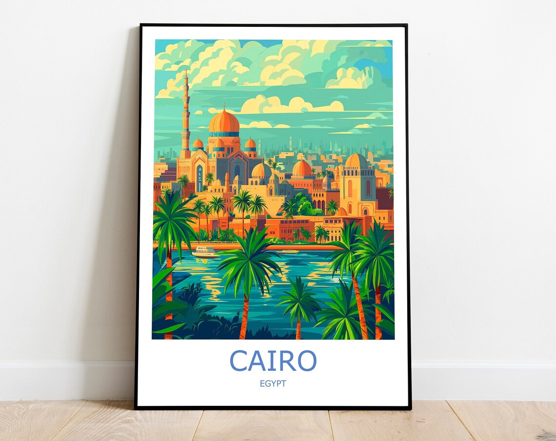 Cairo Egypt Mosques and Nile Palms Vintage Style Travel Poster