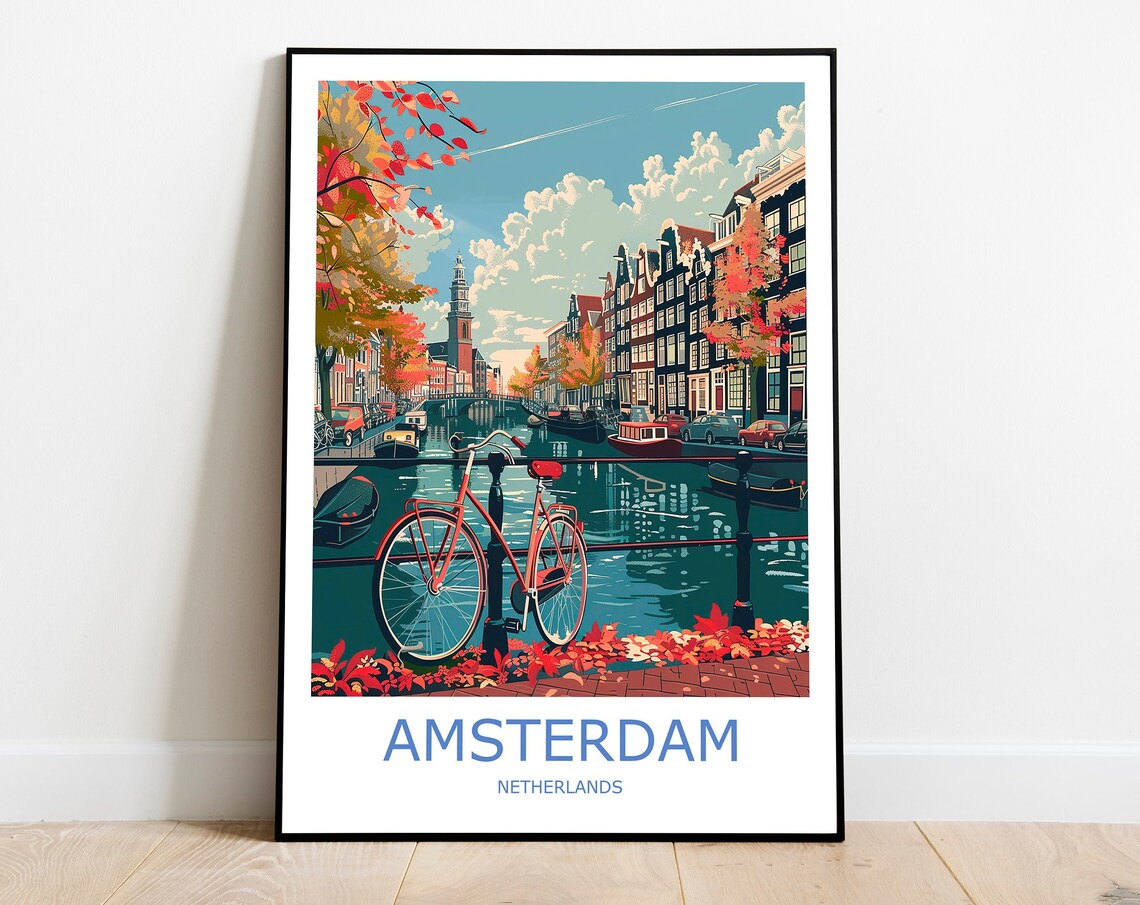 Amsterdam Canal Autumn Scene With Red Bicycle Vintage Travel Poster