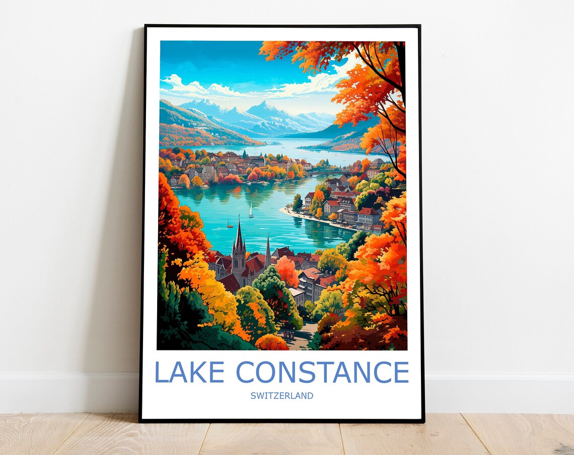 Lake Constance Autumn Lakeside Town Swiss Alps Travel Poster