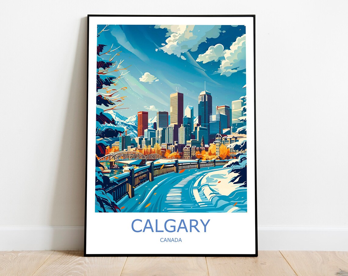 Calgary Canada Winter Skyline River Path Vintage Style Travel Poster