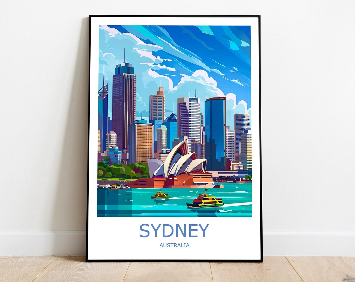 Sydney Opera House Harbour Ferries Blue Sky Modern Travel Poster