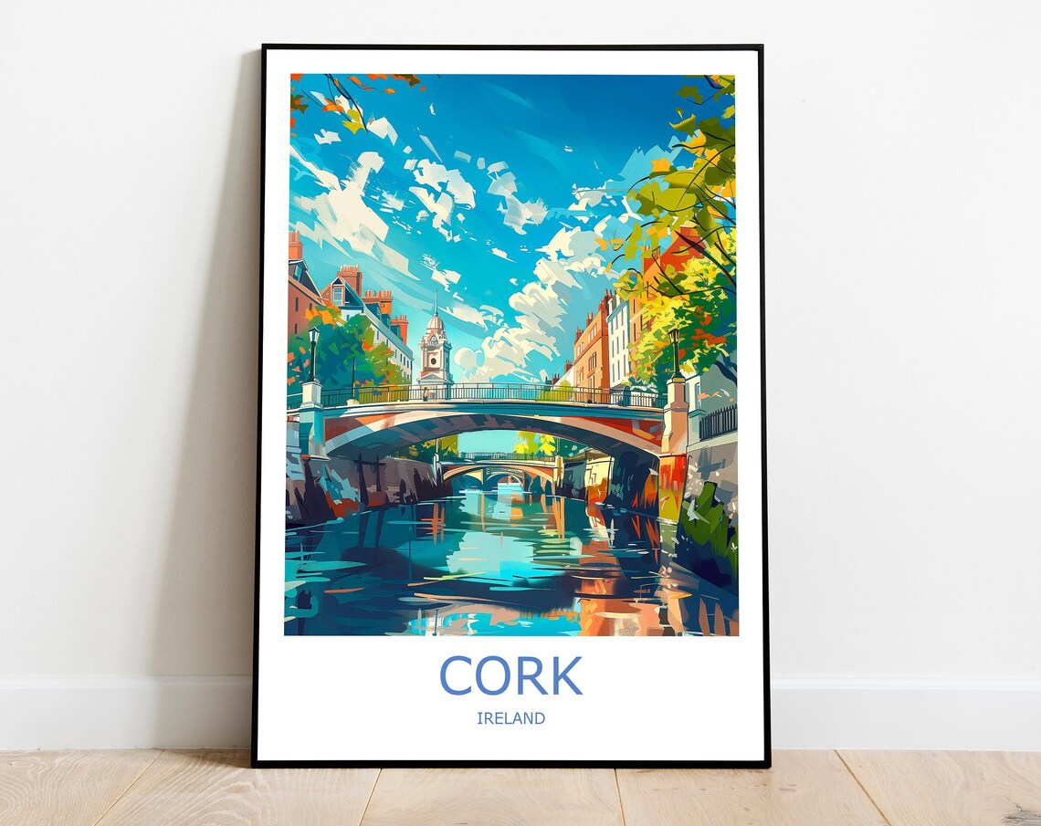 Cork Ireland Travel Poster With River Lee Bridge And City Skyline