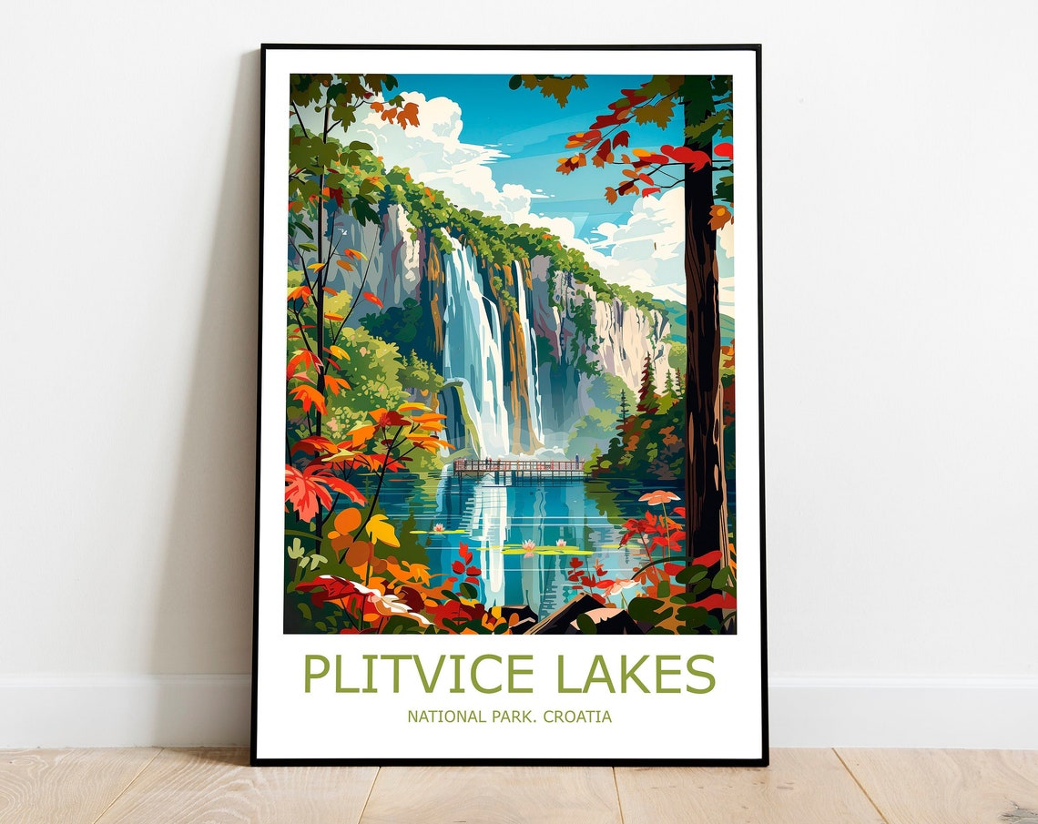 Plitvice Lakes Waterfall Autumn Foliage Croatia Travel Poster